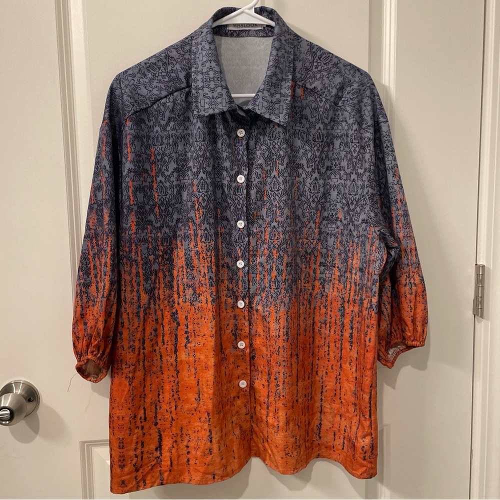 Misslook Button Up Shirt Top Womens Large Ombre 3/4 Sleeves Collared Gray Coral